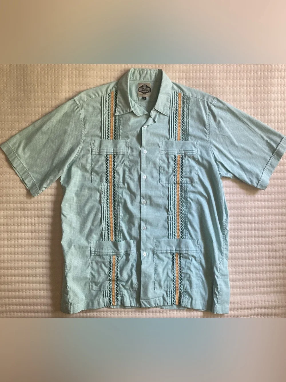 San Cristobal Guayabera Shirt Men’s Large White Green Yellow 100% Cotton